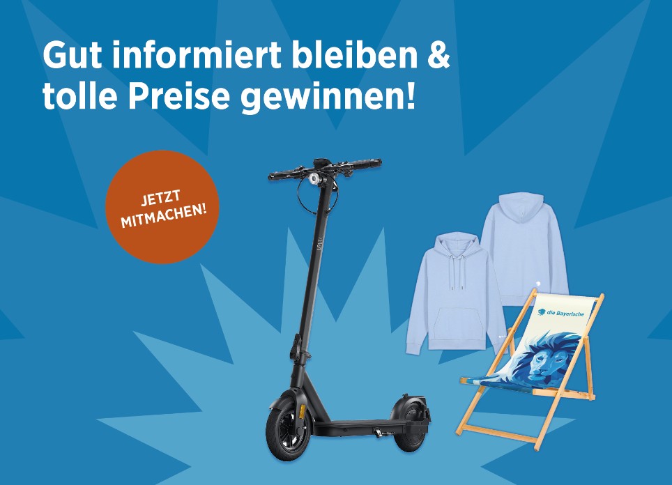 Abbildung eines E-Scooters, eines Hoodies und eines Liegestuhls mit dem Schriftzug "Gut informiert bleiben & tolle Preise gewinnen!"