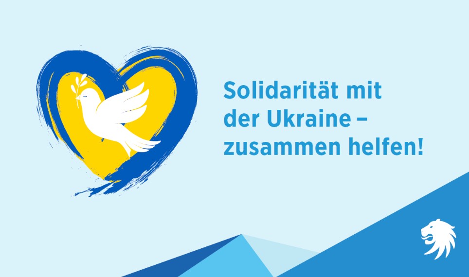 Illustration eines weißen Vogels in einem blau-gelben Herz. Text: "Solidarität mit der Ukraine – zusammen helfen!"