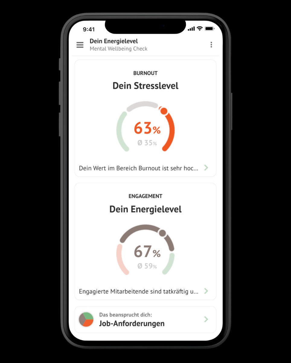 Ein Handybildschirm zeigt den Mental Wellbeing Check von Instahelp. Ein Handybildschirm zeigt den Mental Wellbeing Check von Instahelp.