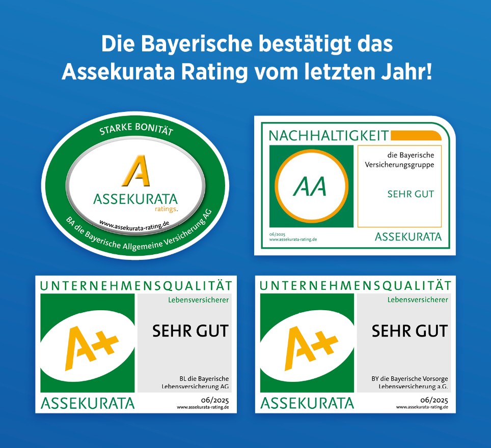 Die Assekurata Siegel 2025 der Versicherungsgruppe die Bayerische. Die Assekurata Siegel 2025 der Versicherungsgruppe die Bayerische.