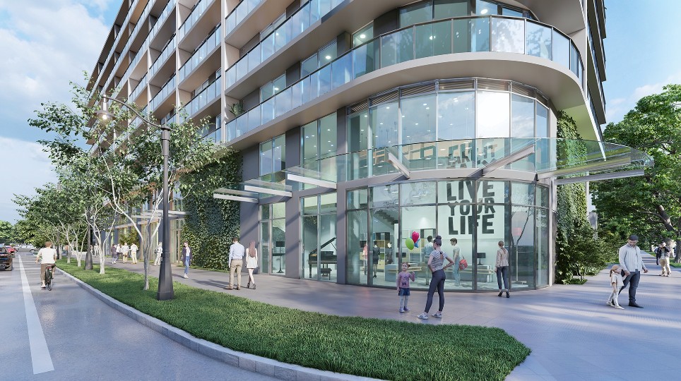 Animation eines modernen Wohngebäudes mit Ladengeschäft im Erdgeschoss