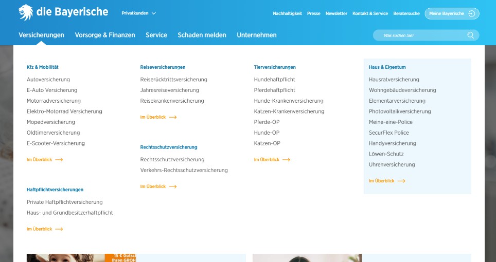 Ausgeklapptes Navigations-Menü der Website diebayerische.de Ausgeklapptes Navigations-Menü der Website diebayerische.de
