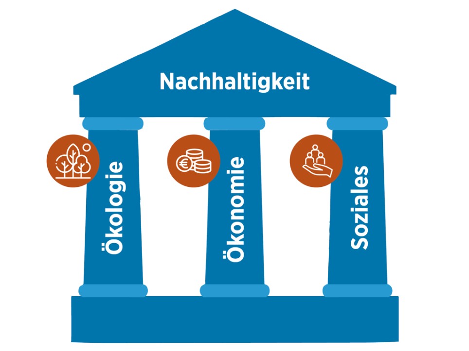 Die Grafik illustriert, dass Nachhaltigkeit auf den drei Säulen Ökonomie, Ökologie und Soziales basiert.