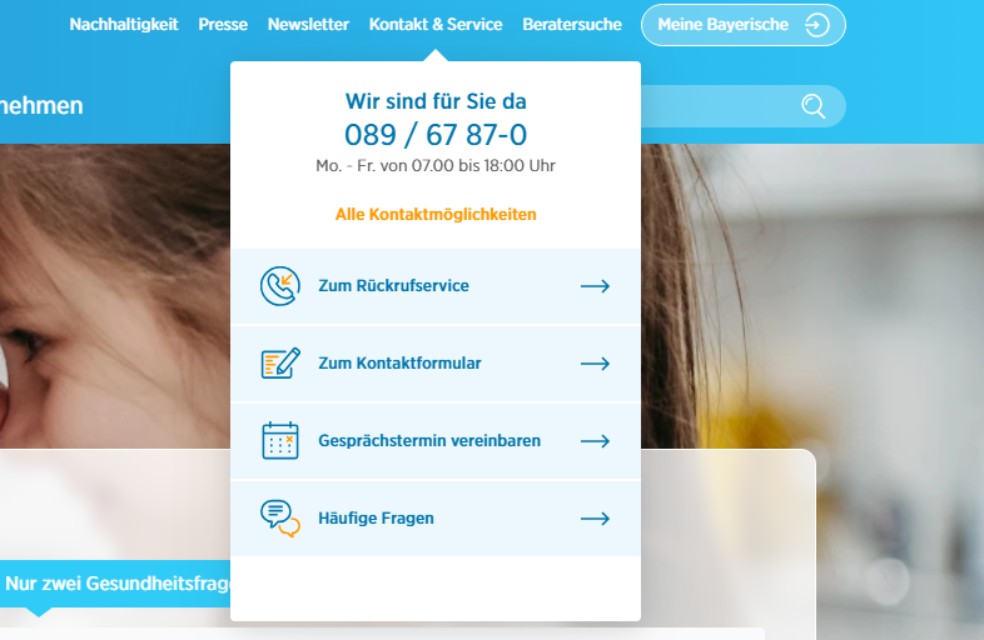 Ausgeklapptes Kontakt-Menü der Website diebayerische.de Ausgeklapptes Kontakt-Menü der Website diebayerische.de