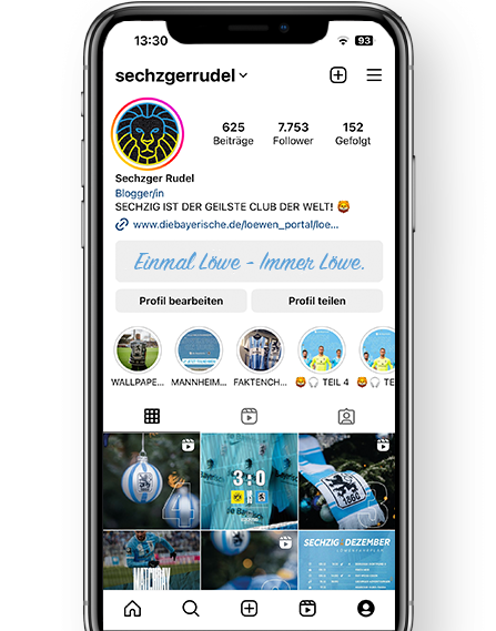 Smartphone mit Vorschau auf den Instagram-Kanal des Sechzgerrudels