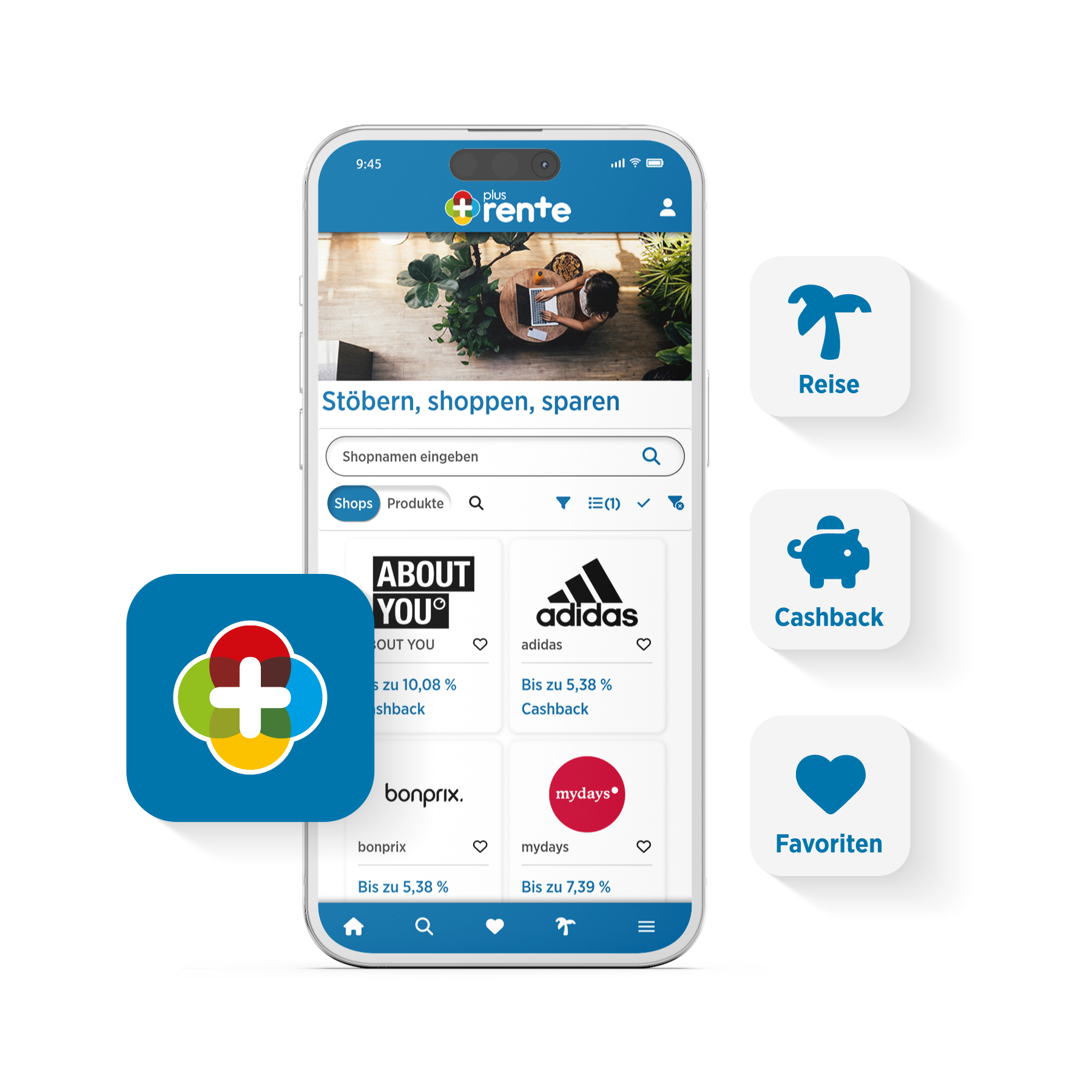 Das Bild zeigt ein Smartphone, auf dem die plusrente App geöffnet ist.